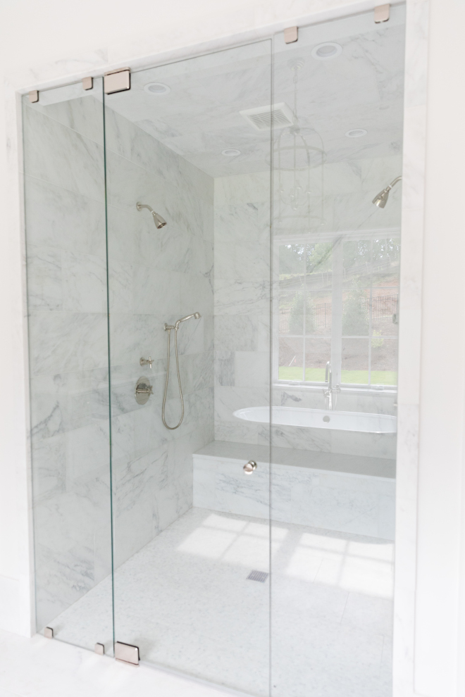 Marble Shower Large shower with wide marble tile on walls easier to clean #Marble #Shower #Largeshower #widetile #marbletile