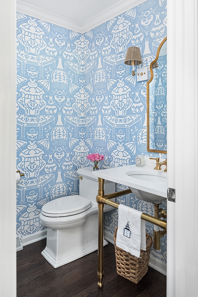 Blue and white wallpaper Bathroom featuring dark hardwood flooring, blue and white wallpaper and a brass an marble washstand #blueandwhitewallpaper #blueandwhite #wallpaper #bathroom