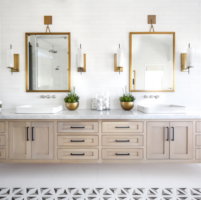 Floating vanity Countertop is Carrara Extra Marble Slab, Polished 5" Edge Mirrors are Restoration Hardware Pendant Mirror Finish: Brass Size: 30”W x 40”H #bathroom #floratingvanity #countertop #mirrors #pendantmirror