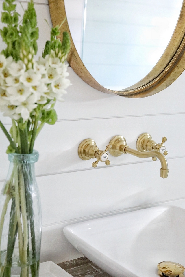 Benjamin Moore Decorators White shiplap with brass wall mounted faucet and brass metal mirror Bathroom featuring Benjamin Moore Decorators White shiplap with brass wall mounted faucet and brass metal mirror #BenjaminMooreDecoratorsWhite #shiplap #brasswallmountedfaucet #brassmetalmirror