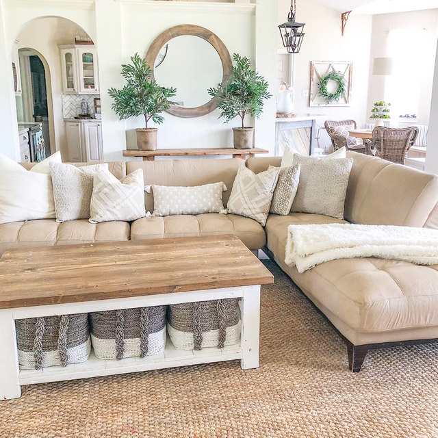 We hang out here the most. Our couch is leather and I can’t imagine having anything else. We had a dog who sheds a lot and I love being able to just vacuum up the hair! Things get spilled daily and its so nice just to wipe it up #leathercouch #leathersofa #leathersectional