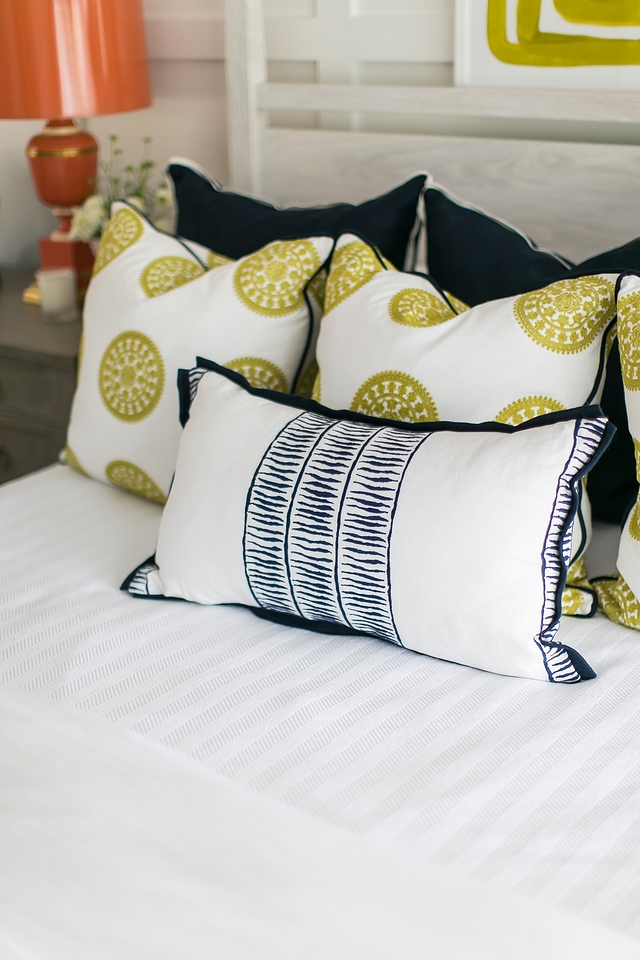 Bed Pillows Custom Pillows Pillows are custom. Fabric: Schumacher Nicholson, Citrine. Designer's Guild Williams Yeoward, Kravet 33042/323 22” pillow #pillows #bedding #bedpillows