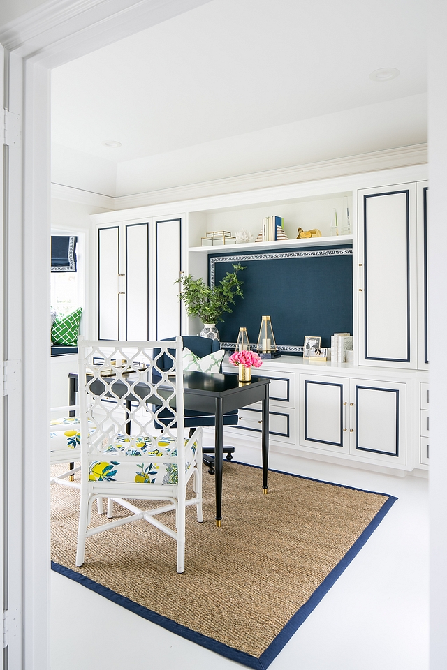 Coastal home office with custom cabinets and painted floors Home Office Ideas Feminine Home Office Blue and white home office #Homeoffice #coastal #coastalinteriors #paintedflooring #coastalhomeoffice