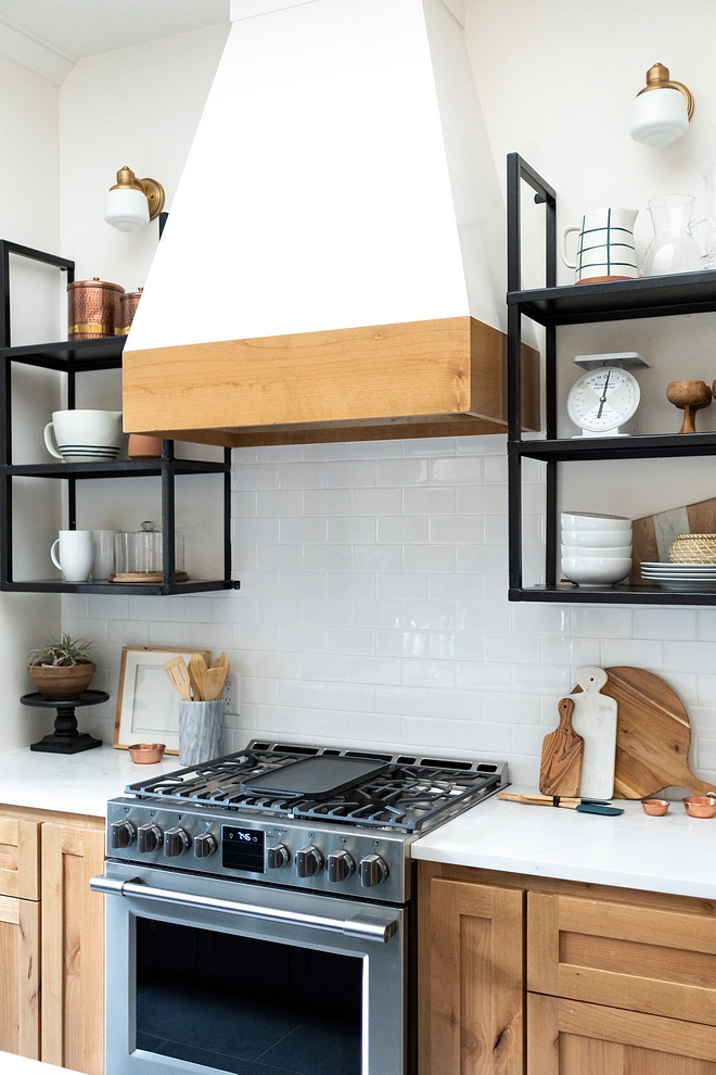 Kitchen Metal shelves flanking kitchen hood Kitchen Metal shelves Kitchen Metal shelf ideas #Kitchen #Metalshelves