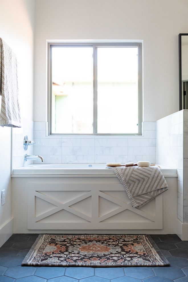 Tub Apron Paneling The tub apron features custom x inset paneling Tub Apron Paneling Ideas Modern Farmhouse Tub Apron Paneling Modern Farmhouse Tub Apron Paneling #ModernFarmhouse #Farmhouse #TubApron #TubApronPaneling