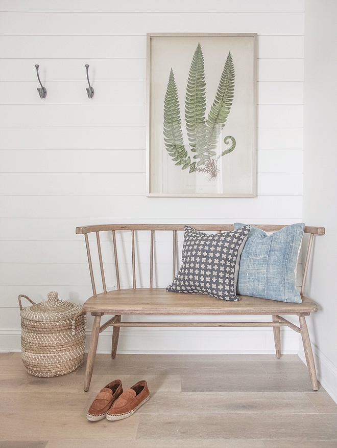 The foyer features a white shiplap accent wall Paint color is Sherwin Williams untinted white #shiplap #foyer #accentwall #shiplapaccentwall