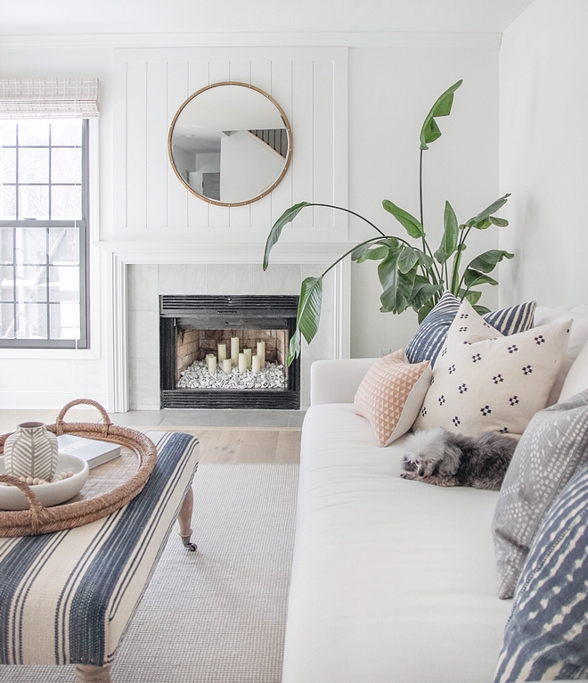 Fireplace Reno We recently replaced the fireplace tile surround and hearth and added some vertical tongue and groove above the mantle to draw the eye up as we have eight foot ceilings throughout the home 8'ceiling fireplace reno ideas #fireplacereno #eightfeetceiling #reno