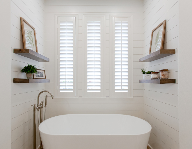 Master Batroom Window Treatment Windows feature Plantation shutters, for a seamless look with the shiplap #MasterBatroom #WindowTreatment #Windows #Plantationshutters #shiplap