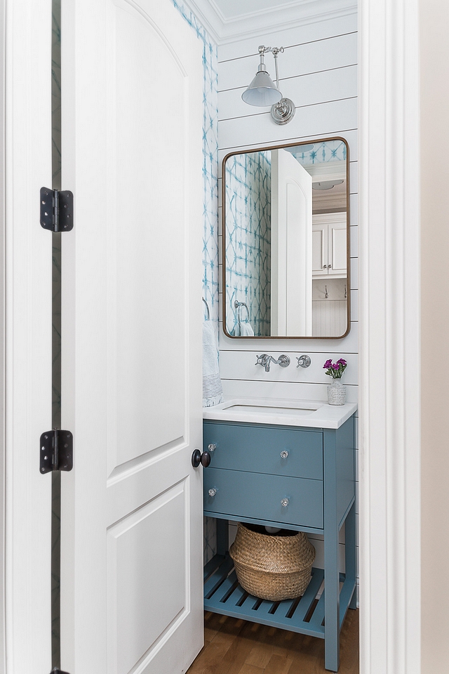 Powder room renovation Small Powder room renovation The jumping off point for this room was this fantastic watercolor-inspired wallpaper We matched the color on the custom-built vanity and added shiplap to the back wall #Powderroomrenovation #Powderroom #renovation #SmallPowderroom #renovation