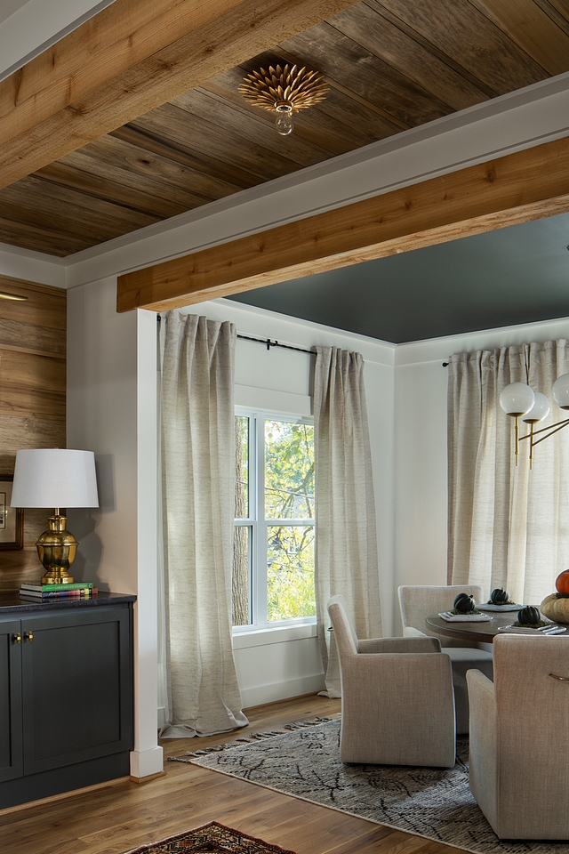 Shiplap ceiling The ceiling between the kitchen and dining room features a pair of reclaimed beams and shiplap in between Reclaimed Shiplap ceiling Shiplap ceiling #Shiplapceiling #reclaimedShiplapceiling #beams #reclaimedbeams