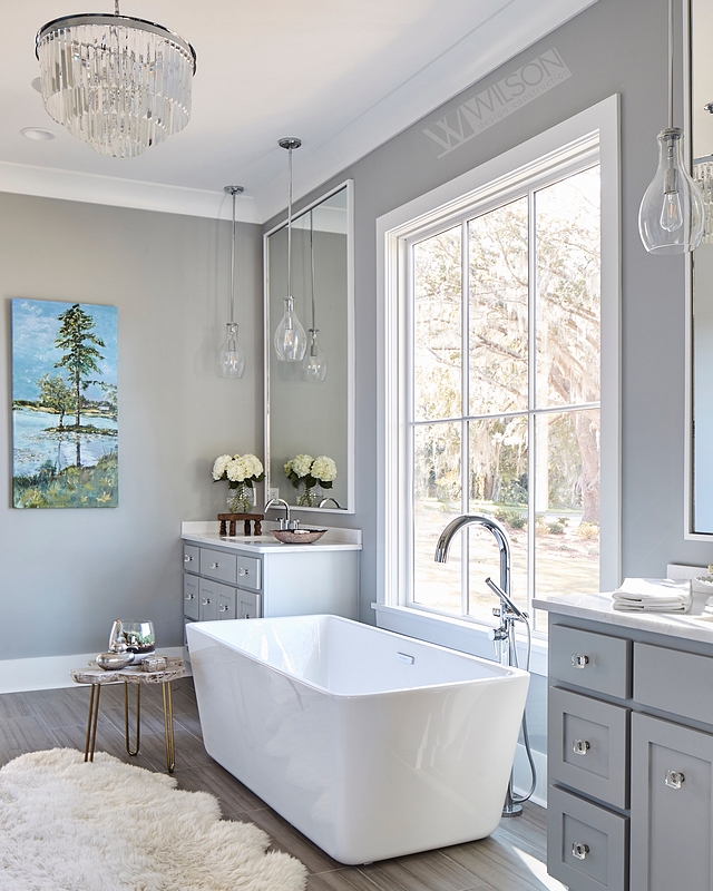 Sherwin Williams SW 7658 Gray Clouds The master bathroom features an elegant grey and white color scheme Wall and cabinet paint color is Sherwin Williams SW 7658 Gray Clouds Sherwin Williams SW 7658 Gray Clouds #SherwinWilliamsSW7658GrayClouds #graypaintcolor #greycolorscheme #colorscheme