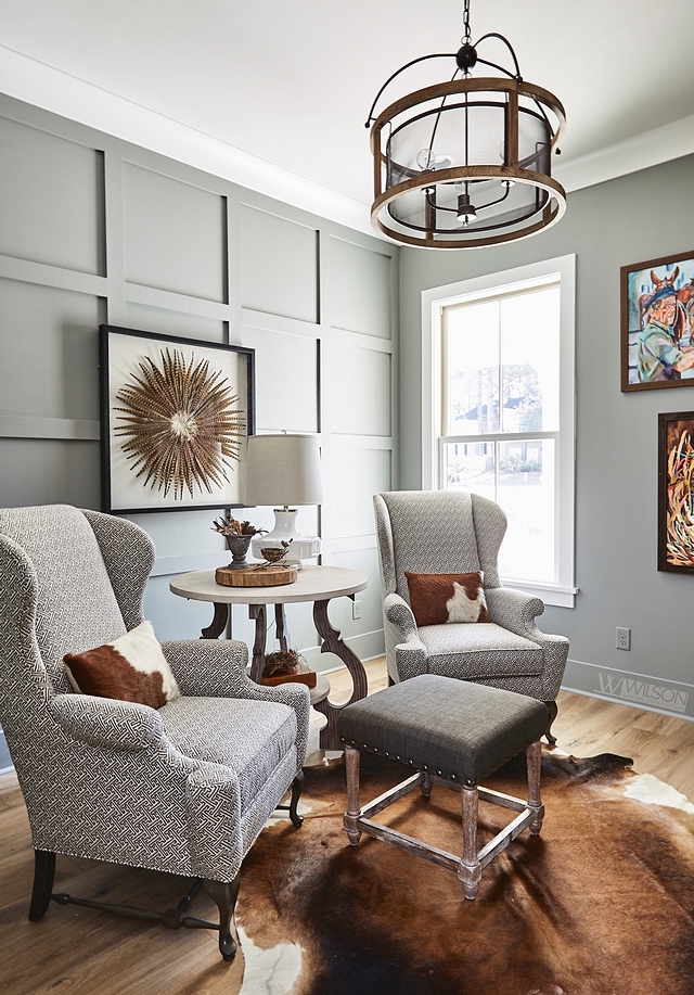 Sherwin Williams SW 9164 Illusive Green grey grid board-and-batten paneling Sherwin Williams SW 9164 Illusive Green grey grid board-and-batten paneling paint color #SherwinWilliamsSW9164IllusiveGreen #greygridboardandbatten #greypaneling gridboardandbatten #SherwinWilliamsIllusiveGreen