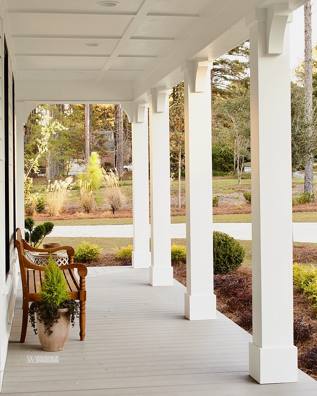 Front Porch Architectural Details The porch flooring is AZEK, Harvest Collection in Slate Gray. Notice the classic square porch columns and the coffered ceiling #frontporch #porch #architecturaldetails #porchflooring #azek #porchcolumns #squarecolumns #cofferedeciling