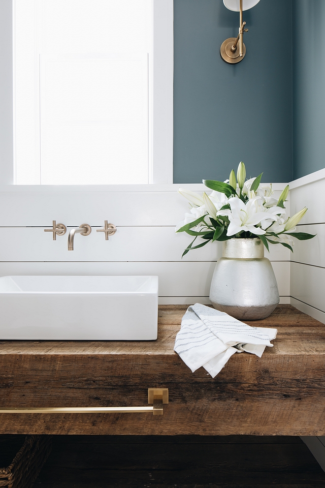 Charlotte Slate AC-24 by Benjamin Moore Charlotte Slate AC-24 by Benjamin Moore bathroom with chunky reclaimed wood floating vanity Wall paint color is Charlotte Slate AC-24 by Benjamin Moore #CharlotteSlateAC24byBenjaminMoore