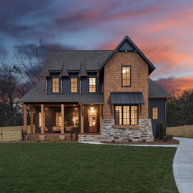 Modern Farmhouse with navy siding Cedar shingles and stacked stone Home Exterior Modern Farmhouse with navy siding Cedar shingles and stacked stone #home #exterior #ModernFarmhouse #navysiding #Cedarshingles #stackedstone