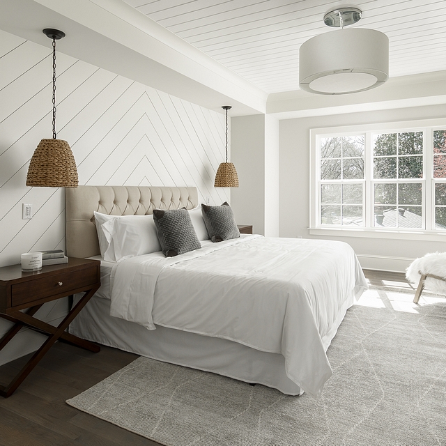 Bedroom with diagnonal shiplap accent wall and v groove ceiling The diagonal shiplap accentuates the recessed bed wall. If the shiplap isn't enough, we also put V-groove on the tray ceiling inset #Bedroom #diagnonalshiplap #shiplapaccentwall #shiplap #accentwall #vgroove