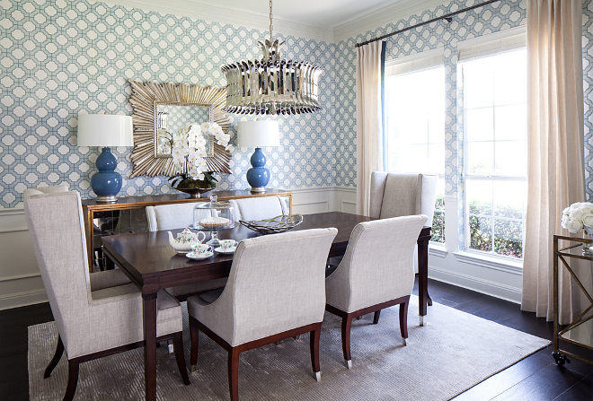 Dining room wallpaper Imperial Trellis Wallpaper in Dove/Harbor Blue above wainscot Phillip Jeffries Imperial Gates Dining room with wallpaper above wainscoting #diningroom #wainscoting #wallpaper #PhillipJeffries #ImperialGates