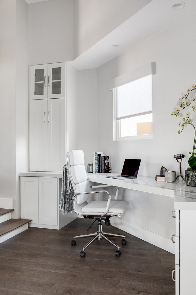 The landing area features a functional home office homework space Cabinet paint color is Sherwin Williams Pure White #SherwinWilliamsPureWhite #homeworkzone #homeoffice #homeworkspace