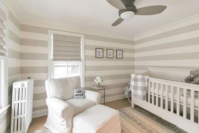 Nursery striped wallpaper I was on a hunt for neutral wall paper that would work with the roman shades and keep in theme with the rest of the house Nursery striped wallpaper #Nursery #stripedwallpaper