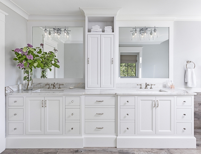 Bathroom Cabinet Bathroom Cabinetry We chose shaker style white cabinets with glass handles and plumbing fixtures for a classic spa feel. The tower separates two separate areas #bathroomcabinet #bathroom #cabinet #cabinetry #bathroomcabinettower