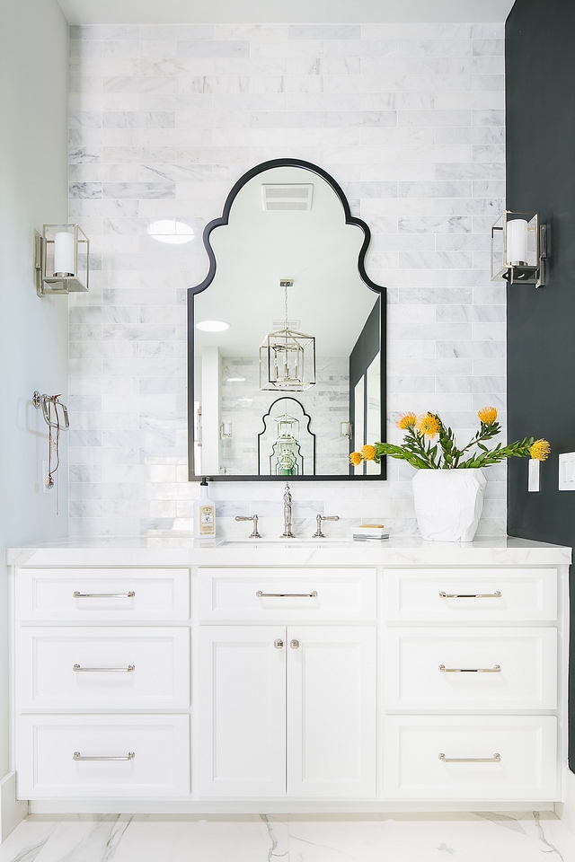Pure White by Sherwin Williams The bathroom vanity is custom, painted in Pure White by Sherwin Williams Pure White by Sherwin Williams #PureWhitebySherwinWilliams