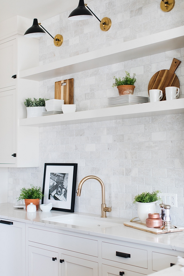 Backsplash Tile Kitchen backsplash is Carrara marble tile to ceiling from The Tile Shop Meram Blanc Tumbled #backsplashtile #backsplash #tile 