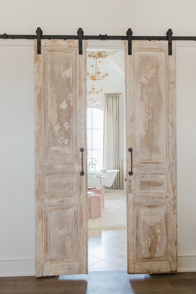 Antique Doors Antique Barn Door Antique doors, imported from France, were hung with barn door hardware to accentate the master bathroom Antique Doors Antique Barn Door Antique doors Antique Doors Antique Barn Door Antique doors Antique Doors Antique Barn Door Antique doors #AntiqueDoors #AntiqueBarnDoor #FrenchBarnDoor #Antiquedoor