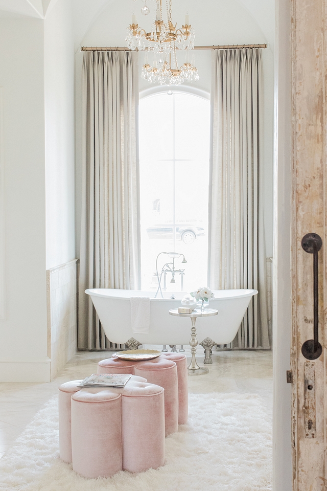 French Bathroom French Bathroom Design French Bathroom with linen draperies and custom velvet ottomans French Bathroom French Bathroom Design French Bathroom French Bathroom French Bathroom Design French Bathroom #FrenchBathroom #FrenchBathroomDesign #Bathroom