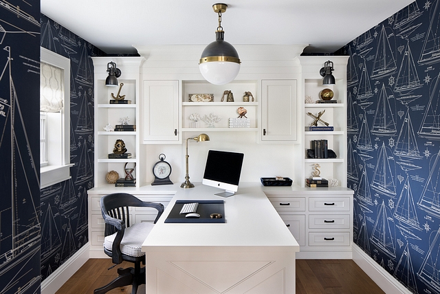 Coastal Home Office with Blue and white Wallpaper Home Office The office features Ralph Lauren sailboat wallcovering and custom boathouse inspired built in cabinets and desk #Coastal Home Office with Blue and white Wallpaper Home Office #CoastalHomeOffice #BlueandwhiteWallpaper #HomeOffice #builtins #cabinet #desk