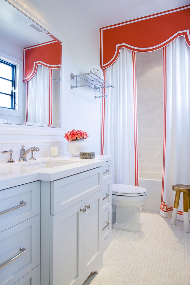 Girls Bathroom The girl's bathroom features custom shower curtains with cornice Shower curtains with cornice Shower curtains with cornice #Showercurtains #cornice