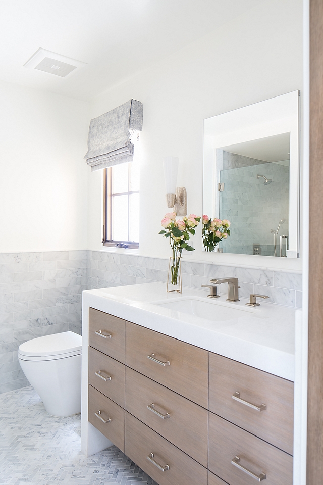 Rift+Oak+vanity+with+waterfall+edge+chunky+white+marble+countertop