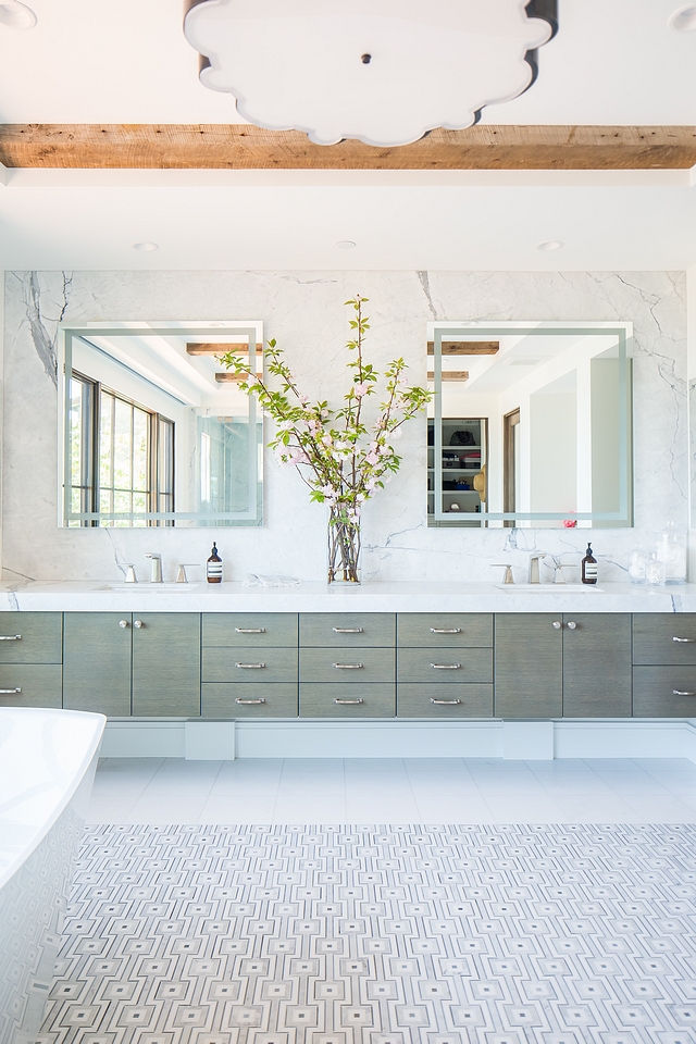 Floating Bathroom Vanity with two sinks Featuring a long floating Rift Oak vanity with greywash finish, a counter-to-ceiling marble slab backsplash and double sinks, this is, by all means, a show-stopper bathroom Floating Bathroom Vanity with two sinks Gray Wood Floating Sink Vanity #FloatingBathroomVanity #bathroomvanity #vanity