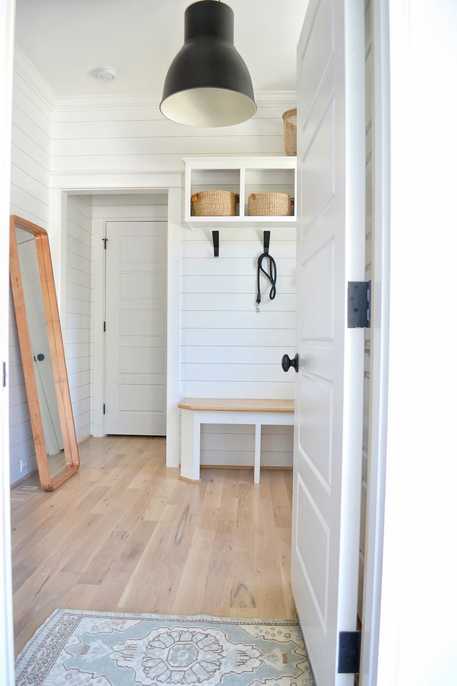 White shiplap in mudroom