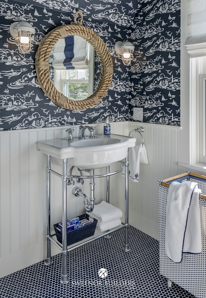 Bathroom features a nautical motif