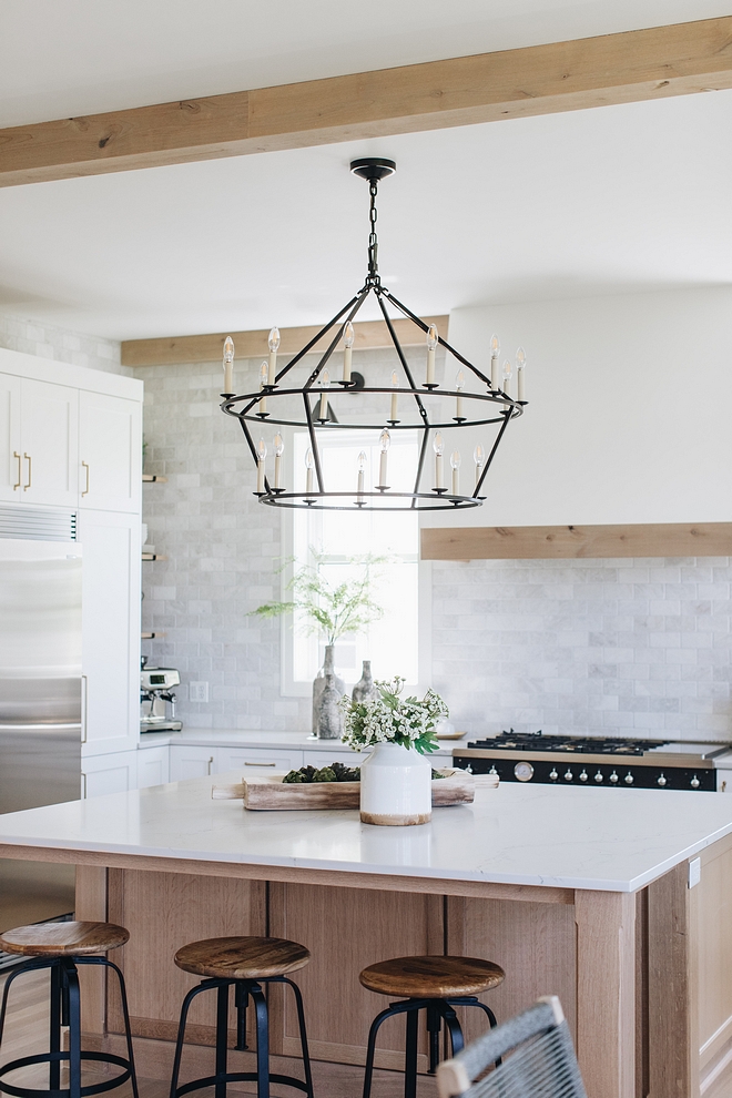 Chandelier over kitchen island