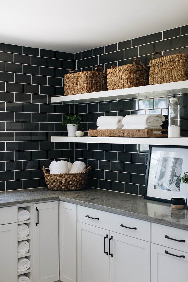 Laundry room black subway tile