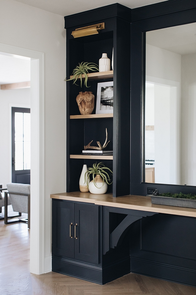 "Benjamin Moore Wrought Iron" with White Oak countertop and shelves. What a gorgeous combination