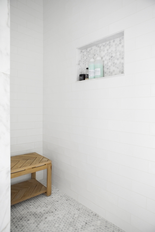 Shower tile combination without complication White subway tile and marble hex mosaic tile