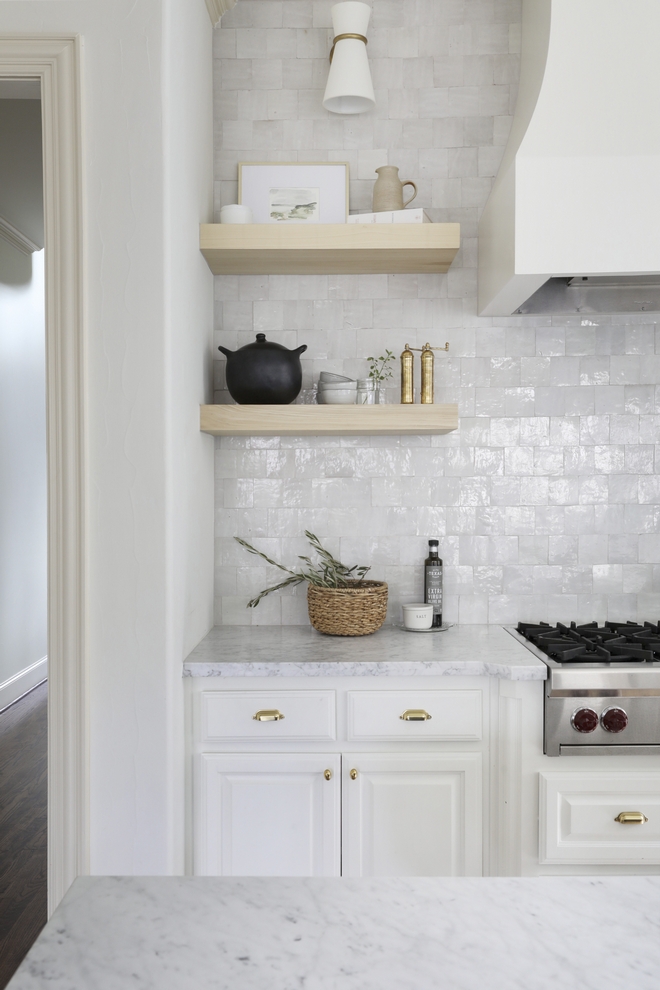 Benjamin Moore Swiss Coffee Kitchen with White Oak Floating Shelves and handmade square tiles