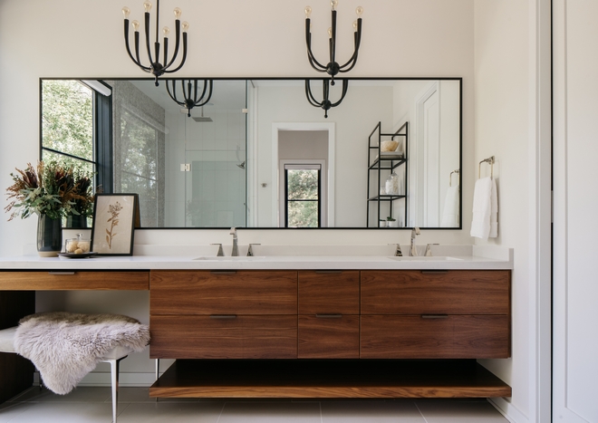 Floating Walnut Bathroom Vanity with horizontal grain