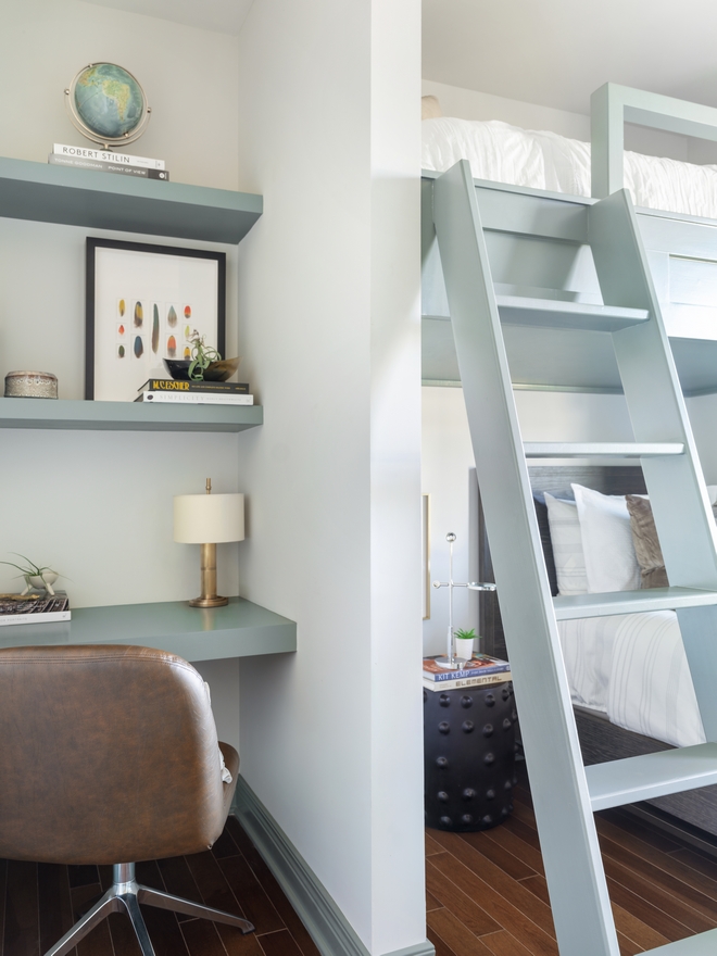 Paint Color: Bunk bed, ladder/desk, casing and interior side of doors: Glidden PPG 1033-5 Gray Heron (semi-gloss). Walls are Glidden PPG 14-03 Seagull.