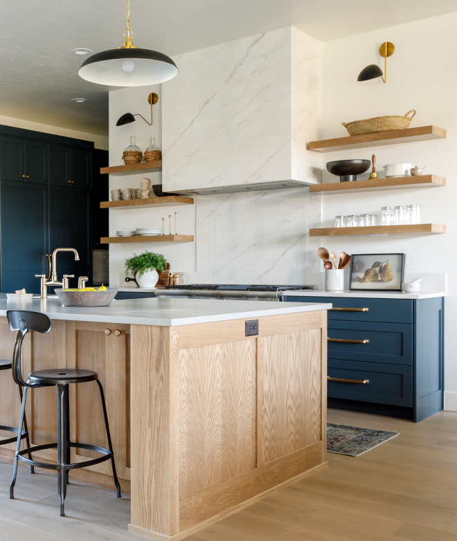 Blue Kitchen Cabinet with White Oak Island