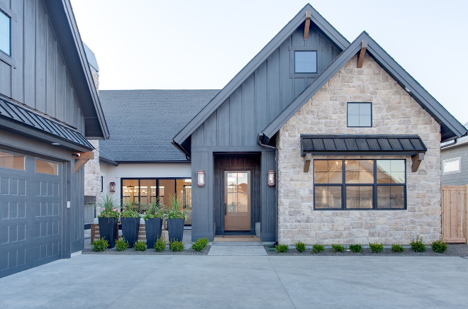 Modern Farmhouse Black Siding and Stone Combination Black Siding Stone Exterior