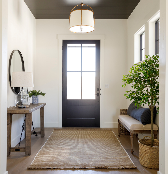 Modern Farmhouse Foyer Black Door Black Shiplap Ceiling Paneling