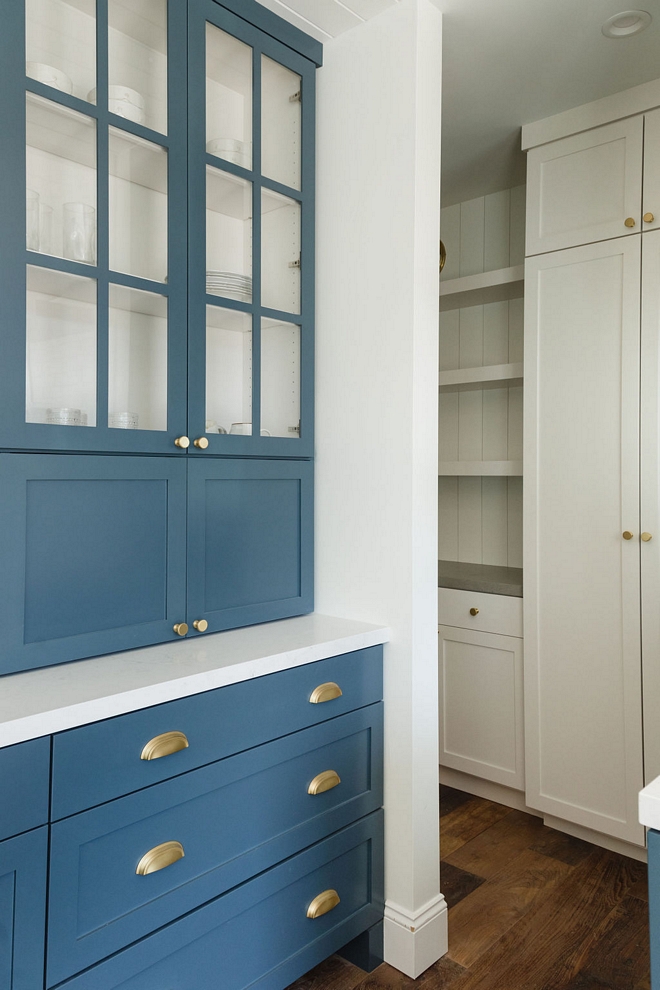 Blue Kitchen Cabinet in Sherwin Williams Tempe Star White Cabinet in Benjamin Moore Chantilly Lace