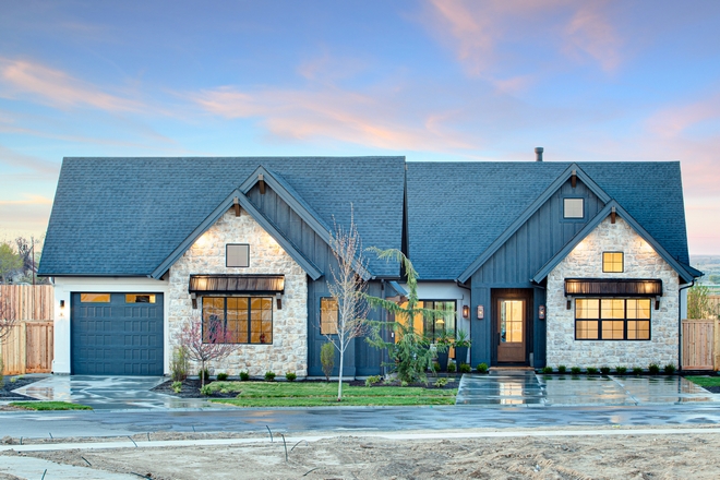 Black Modern Farmhouse with Limestone stone siding