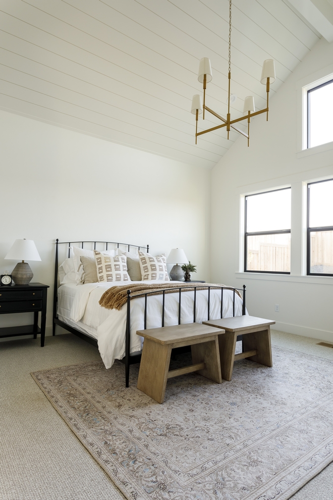 Bedroom Walls and Shiplap Ceiling Paint Color Sherwin Williams SW 7008 Alabaster