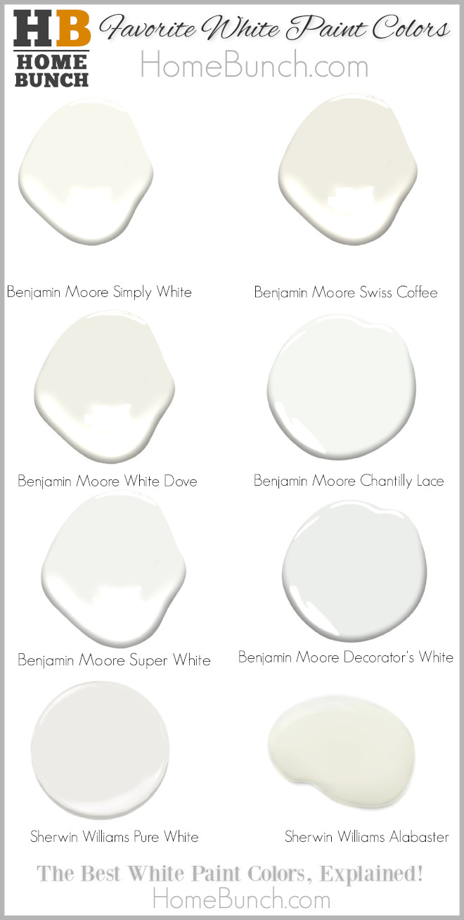 Favorite White Paint Colors Home Bunchs Favorite White Paint Colors Benjamin Moore Simply White Benjamin Moore Swiss Coffee Benjamin Moore White Dove Benjamin Moore Chantilly Lace Benjamin Moore Super White Benjamin Moore Decorator's White Sherwin Williams Pure White Sherwin Williams Alabaster Best White Paint Colors Explained #WhitePaintColors #PaintColor #BenjaminMooreSimplyWhite #BenjaminMooreSwissCoffee #BenjaminMooreWhiteDove #BenjaminMooreChantillyLace #BenjaminMooreSuperWhite #BenjaminMooreDecoratorsWhite #SherwinWilliamsPureWhite #SherwinWilliamsAlabaster #BenjaminMoore #SherwinWilliams #colorpalette