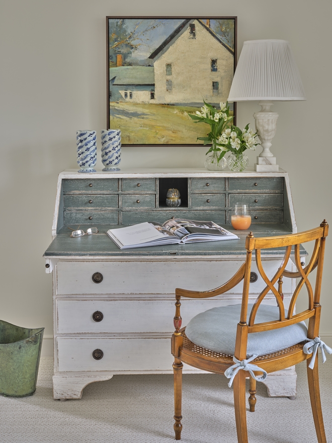 Secretary Desk Bedroom featuring custom Secretary Desk an antique armchair with Chelsea Textiles and an antique oil painting framed artwork Secretary Desk Bedroom featuring custom Secretary Desk an antique armchair with Chelsea Textiles and an antique oil painting framed artwork #SecretaryDesk Bedroom #antiquechair #armchair #ChelseaTextiles #antiquepainting #oilpainting #artwork