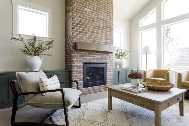 Brick Fireplace with Mossy Green Cabinets Brick Fireplace with Mossy Green Cabinet